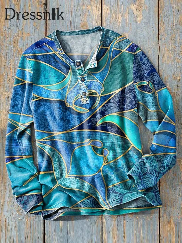 Herren Vintage Blue Manta Ray Abstrakter Kunstdruck Langarm Henley Hemd Bunt / S