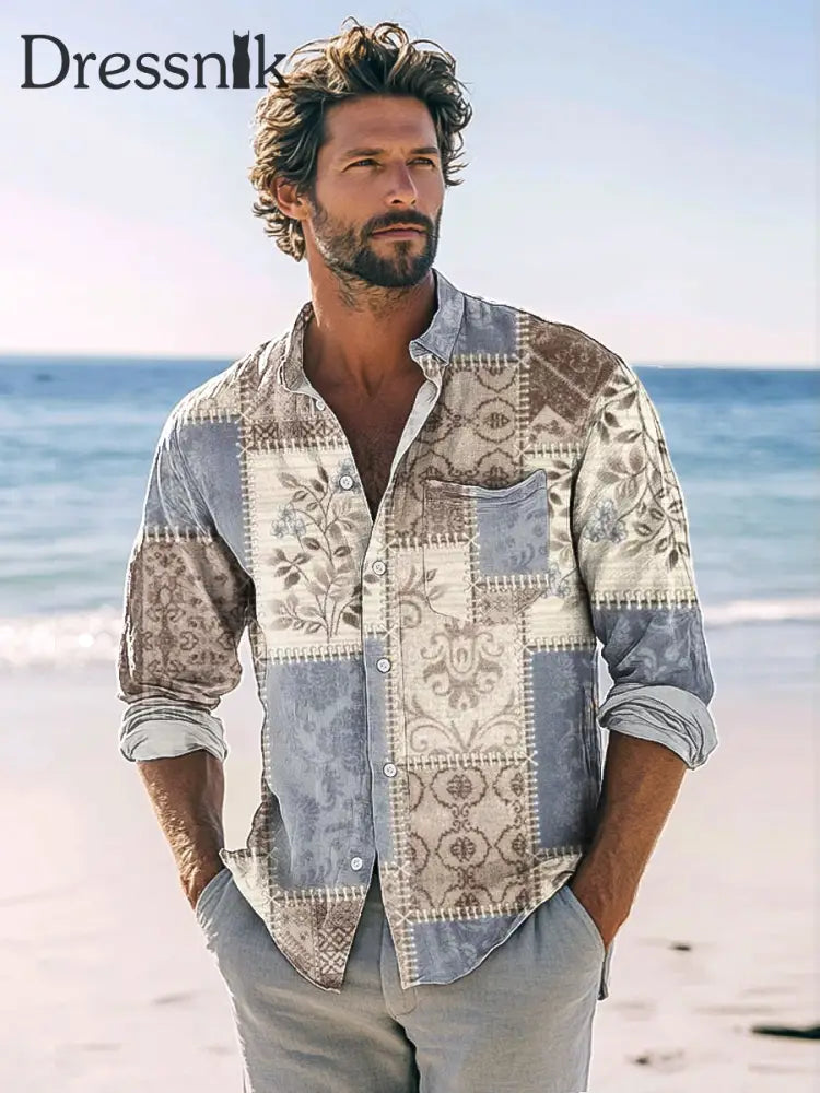 Herren Vintage Boho Print weiches bequemes Hemd