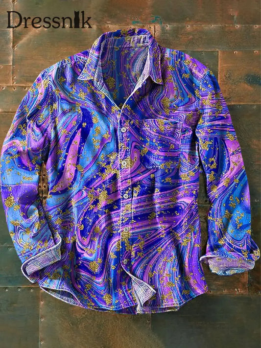 Herren Vintage Bunt Vergoldet Textured Kunstdruck Revers Langarm Taschen Hemd / S