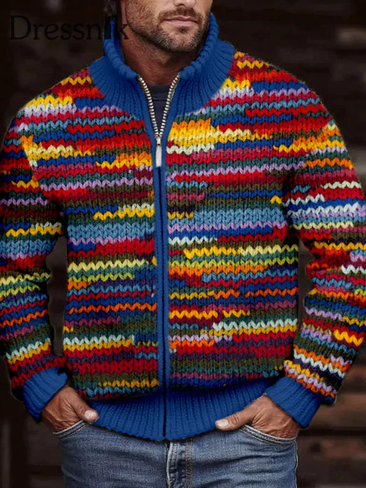 Herren Vintage bunte Häkel kunst Gemütliche Zip Strickjacke als bild / S