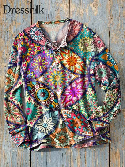 Herren Vintage Bunte Mandala Kunst Druck Muster Langarm Henley Hemd Bunt / S