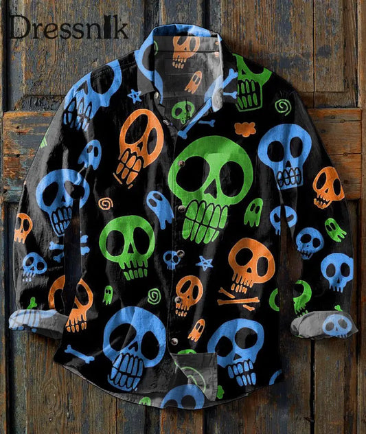 Herren Vintage Bunte Schädel Print Revers Langarm Taschen hemd bunt / S