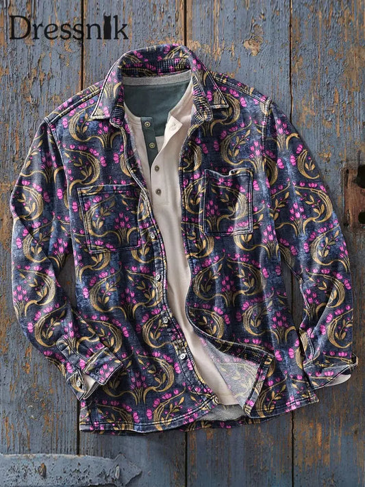 Herren Vintage Bunte Symmetrische Blumen Kunst Druck Weiche Revers Lange Ärmel Taschen Hemd Bunt / S