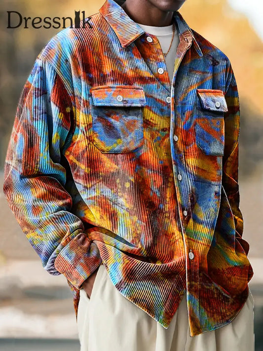 Herren Vintage Bunte Unregelmäßige Strukturierte Kunst Druck Cord Revers Langarm Taschen Hemd