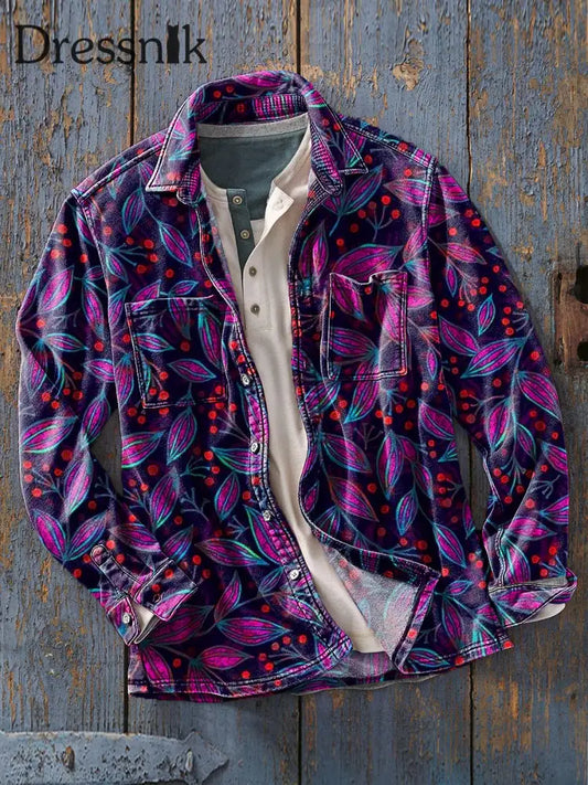 Herren Vintage Buntes Blatt Abstrakter Kunstdruck Weiches Revers Langarm Taschen Hemd Bunt / S