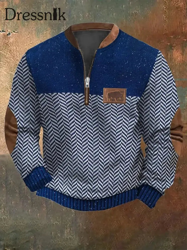 Herren Vintage Country Western Kaschmir Gestrickt Bedrucktes Reiß Verschluss Lässig Sweatshirt A / S