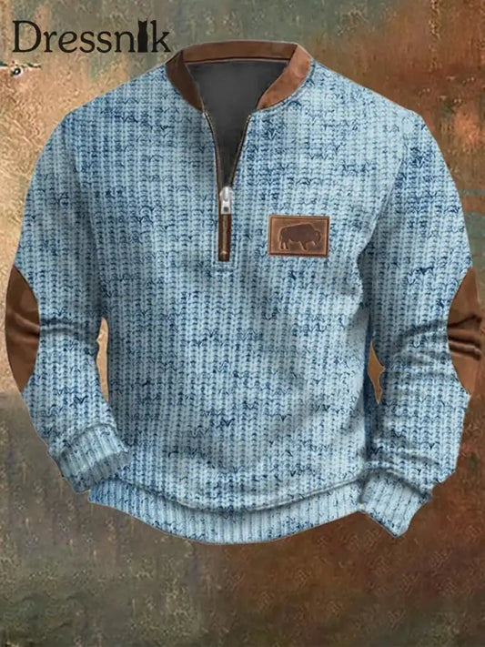 Herren Vintage Country Western Kaschmir Gestrickt Bedrucktes Reiß Verschluss Lässig Sweatshirt A / S