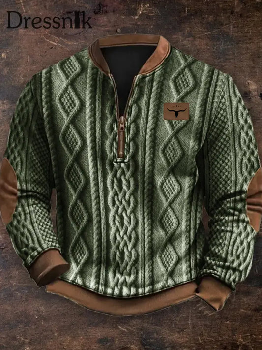 Herren Vintage Country Western Kaschmir Gestricktes Bedrucktes Lässiges Sweatshirt Mit Reiß