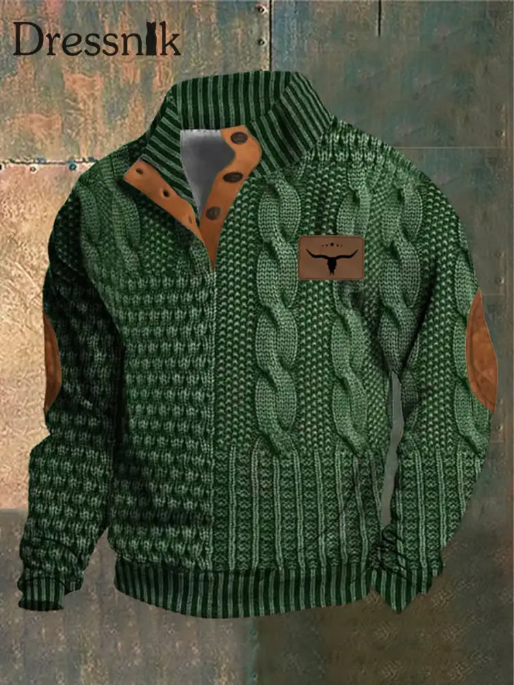 Herren Vintage Country Western Kaschmir Gestricktes Bedrucktes Lässiges Sweatshirt Mit Reiß