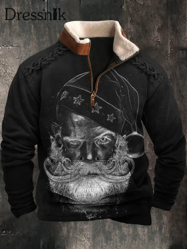 Herren Vintage Dark Santa Claus Plain Portrait Kunst 3D-Druck Retro Pelzkragen Reiß verschluss Flush Outdoor Sweatshirt