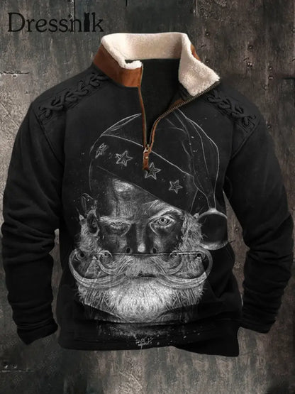 Herren Vintage Dark Santa Claus Plain Portrait Kunst 3D-Druck Retro Pelzkragen Reiß verschluss Flush Outdoor Sweatshirt