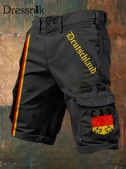 Herren Vintage Deutschland Print Freizeit-Cargo-Shorts Schwarz / S