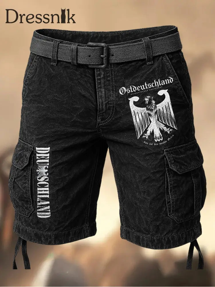 Herren Vintage Distressed Eagle Emblem Schwarze Cargo Shorts A / S