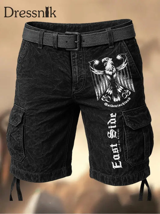 Herren Vintage Distressed Eagle Emblem Schwarze Cargo Shorts A / S