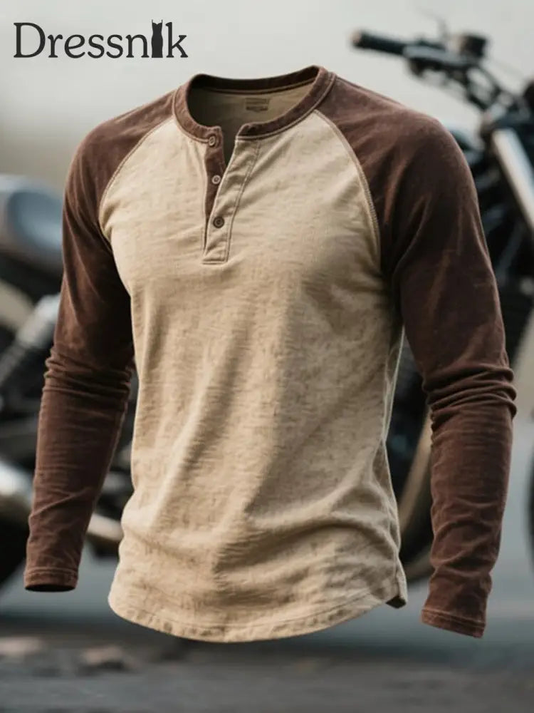 Herren Vintage einfaches Henley-Kragen-T-Shirt mit langen Ärmeln Braun / S