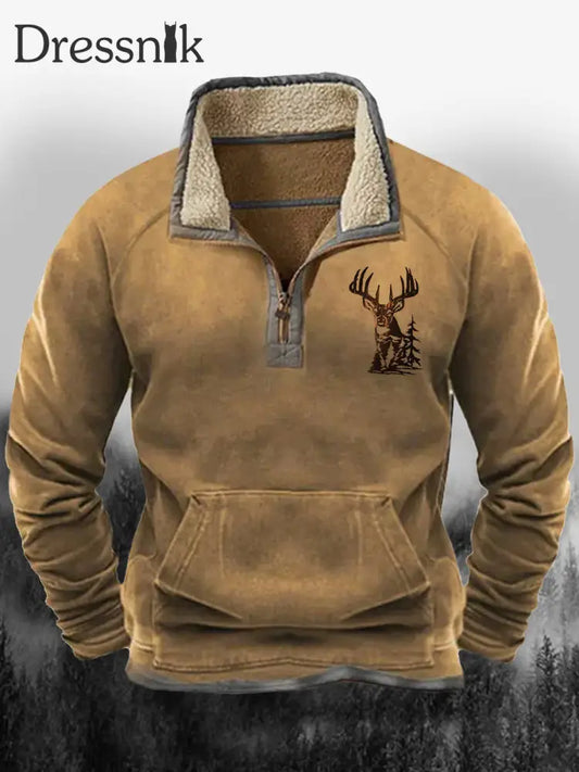 Herren Vintage Elch Jagd Druck Revers Flauschige Kragen Reiß Verschluss Lässig Lose Sweatshirt A / S