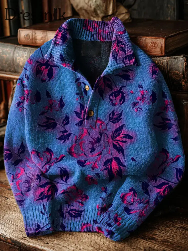 Herren Vintage Ethinic Flower Art Print Button Ständer Kragen Pullover Pullover als bild / S