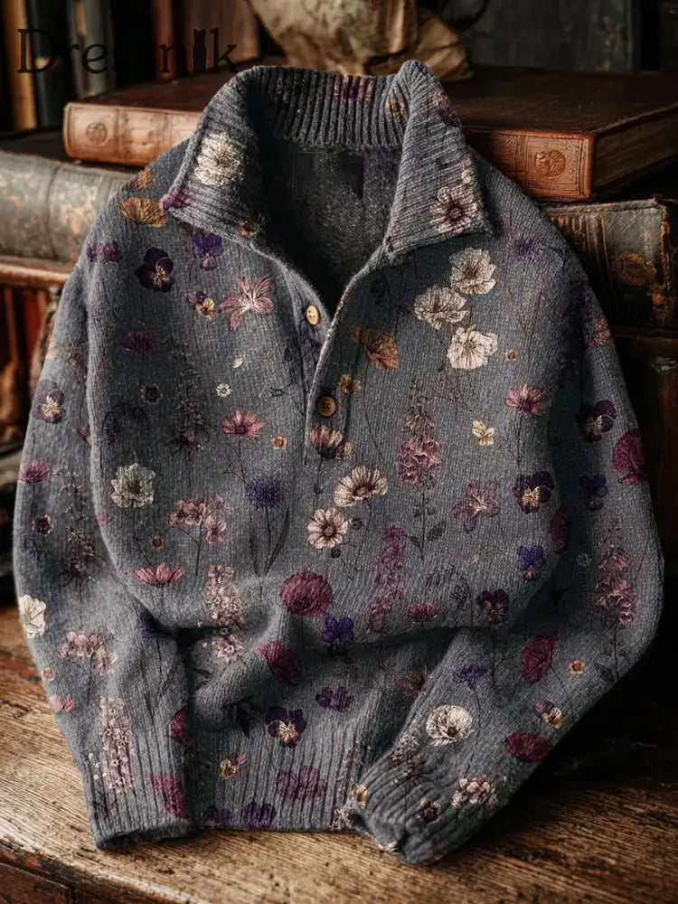 Herren Vintage Ethinic Flower Art Print Button Ständer Kragen Pullover Pullover als bild / S