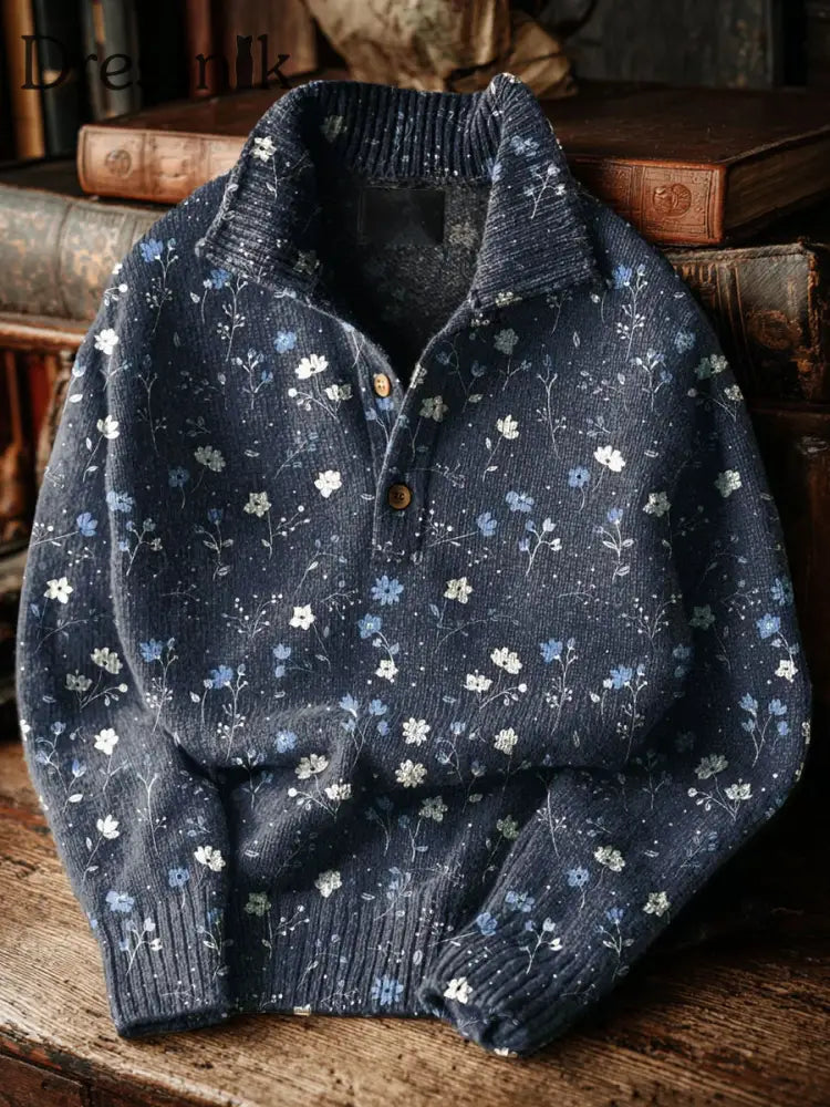 Herren Vintage Ethinic Flower Art Print Button Ständer Kragen Pullover Pullover als bild / S