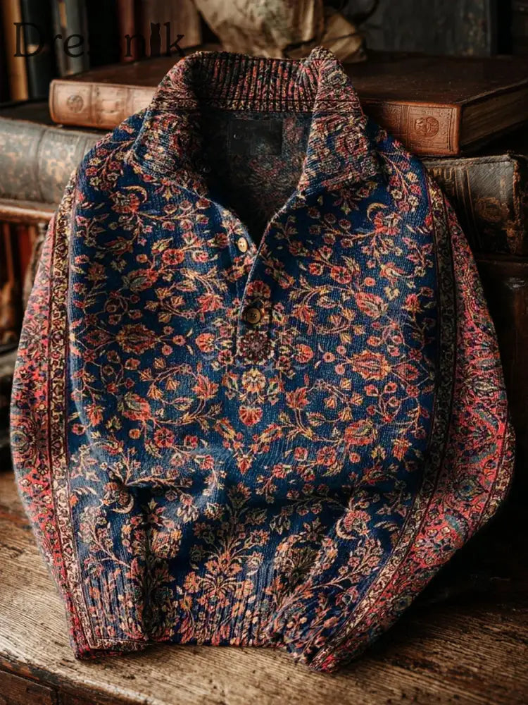 Herren Vintage Ethinic Flower Art Print Button Ständer Kragen Pullover Pullover als bild / S