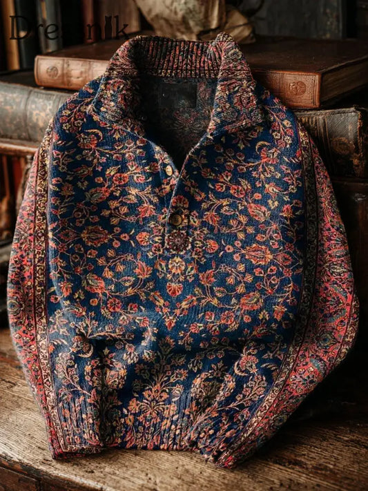 Herren Vintage Ethinic Flower Art Print Button Ständer Kragen Pullover Pullover als bild / S