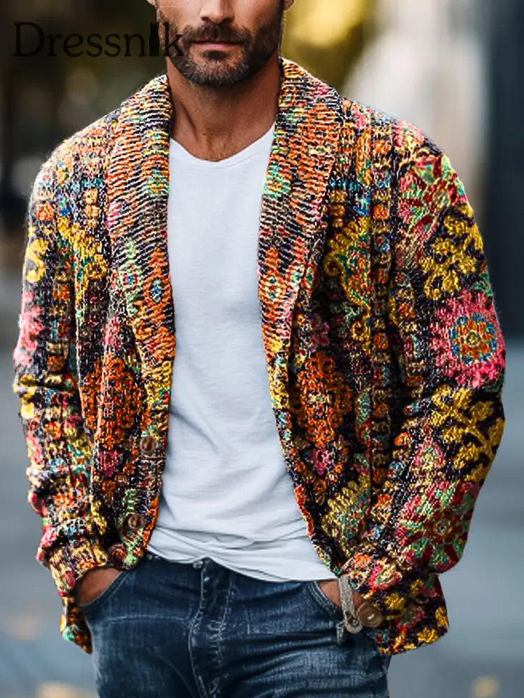Herren Vintage Ethnische Blumen kunst Print Revers Langarm Strickjacke bunt / S