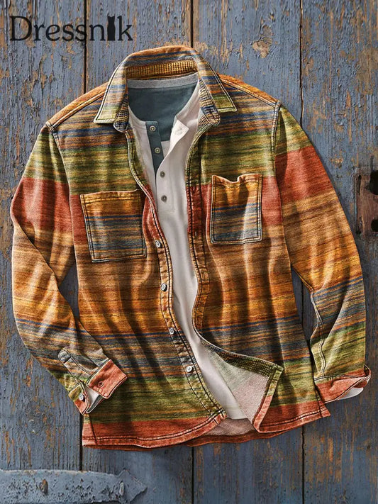 Herren Vintage-Farbstreifen-Kunstdruck Mit Weichem Revers-Langarm-Taschen Hemd Bunt / S