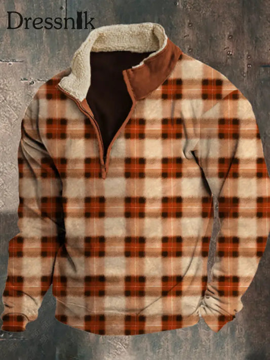 Herren Vintage Flanell kariertes Western Print Pelz kragen Reiß verschluss bündig dickes Outdoor-Sweatshirt B / S