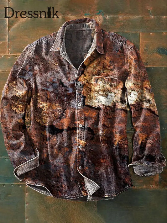 Herren Vintage gealtetes Rost-Kunstdruck-Langarm-Taschen hemd bunt / S