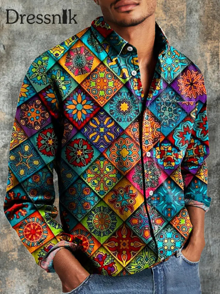 Herren Vintage Geometrisches Mandala-Muster Langarm-Taschen hemd bunt / S