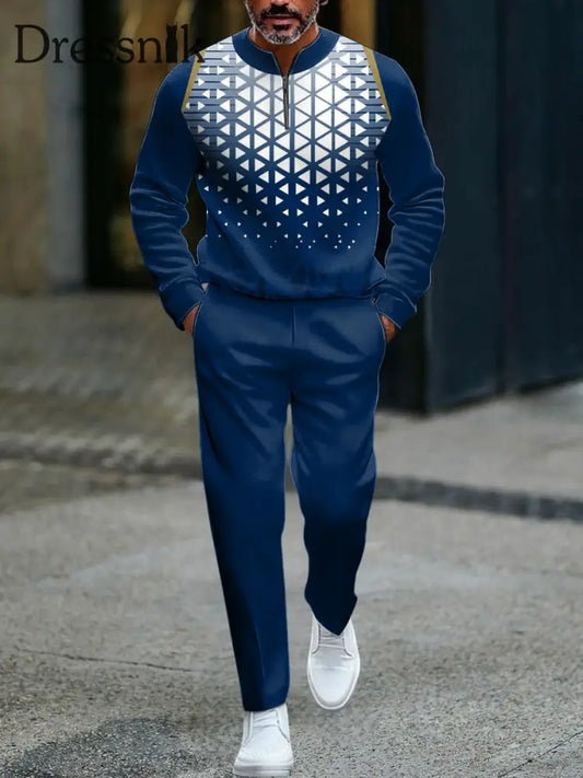 Herren Vintage geometrisches Patchwork Business Casual Polo Set mehrfarbig / S