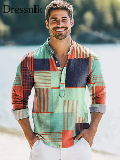 Herren Vintage Geometrisches Print Hawaiian Langarm Henley Hemd