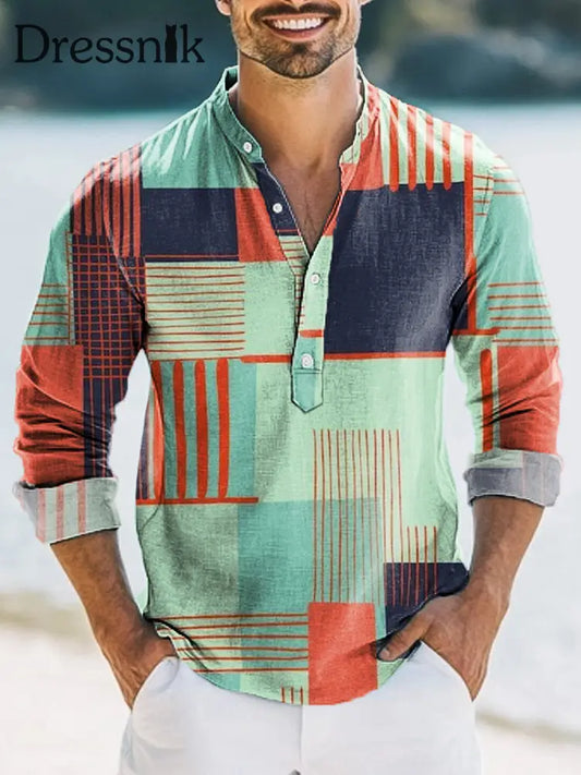 Herren Vintage Geometrisches Print Hawaiian Langarm Henley Hemd bunt / S