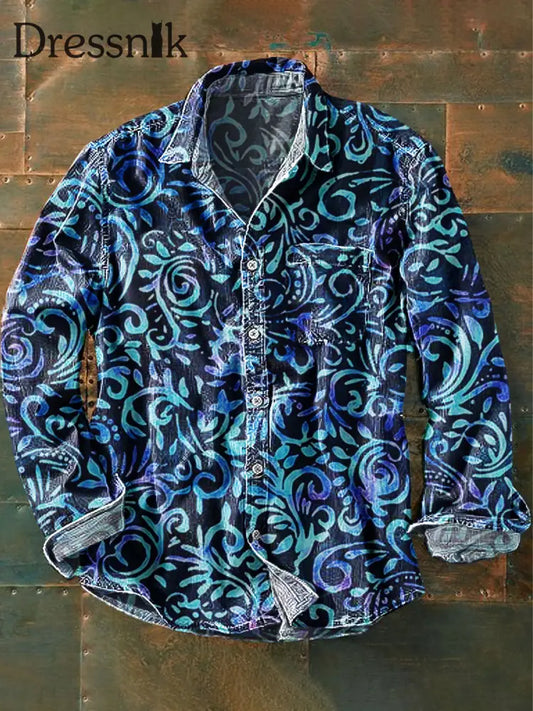 Herren Vintage Gradient Blumen Kunst Print Revers Langarm Taschen Hemd Bunt / S