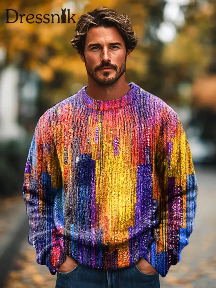 Herren Vintage Gradient Line Kunstdruck Strick Pullover Sweatshirt Mit Rundhals Ausschnitt Bunt / S