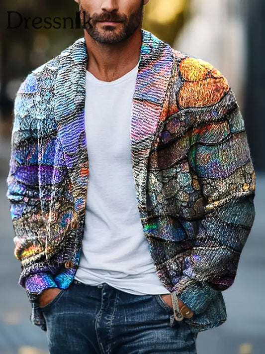 Herren Vintage Gradienten Marmorierte Kunstdruck Revers Langarm Strickjacke bunt / S