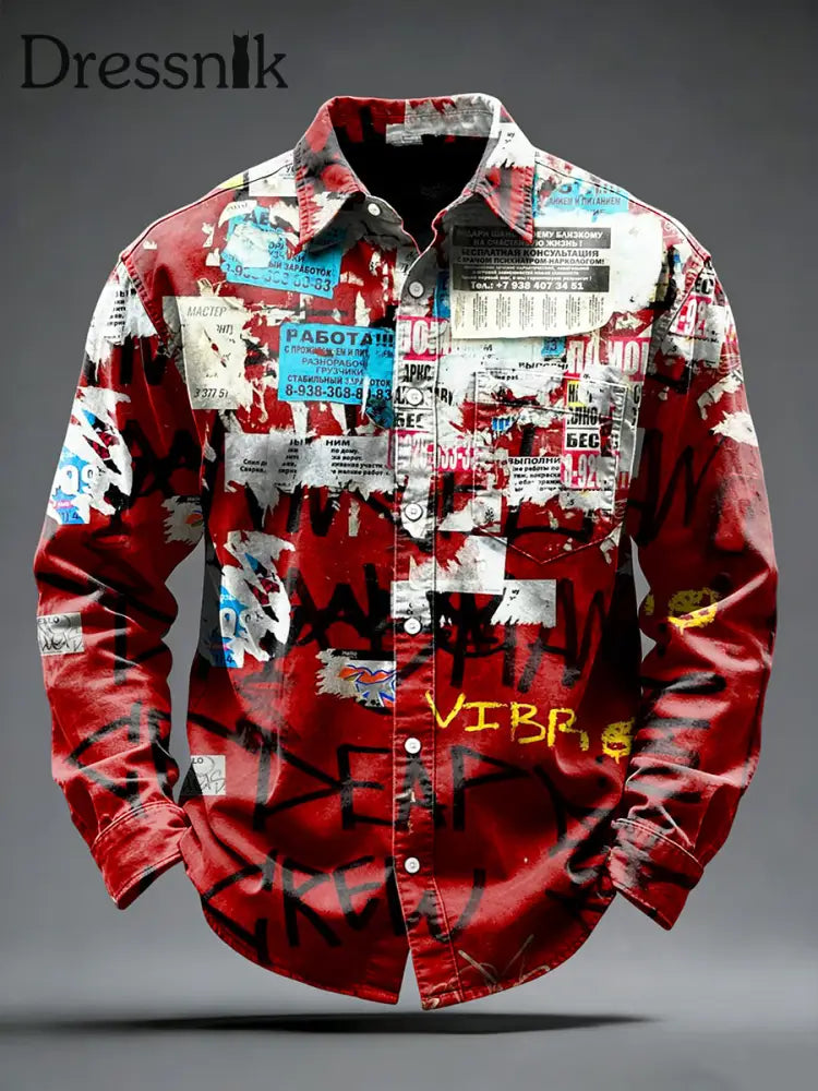 Herren Vintage Graffiti-Print Mode rotes Taschen hemd Rot / S