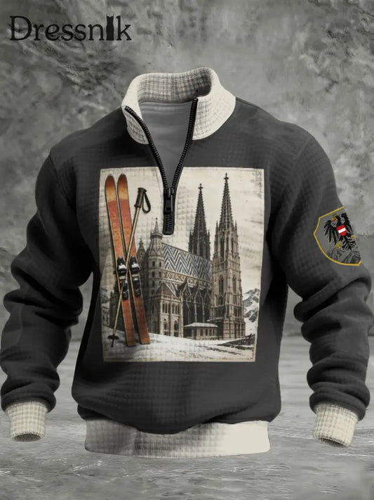 Herren Vintage Grau Wiener Dom & Ski Print Quarter-Reiß verschluss Hoodie mehrfarbig / S