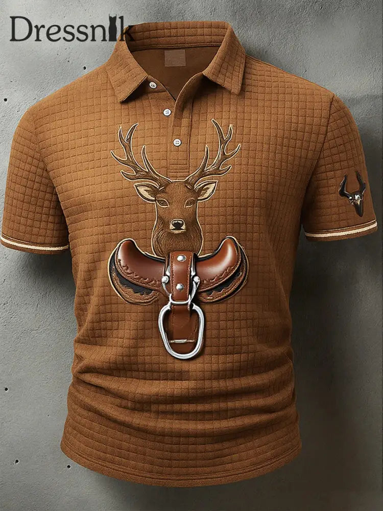 Herren Vintage Hirsch Kunstdruck Western Waffel Polo Shirt A / S