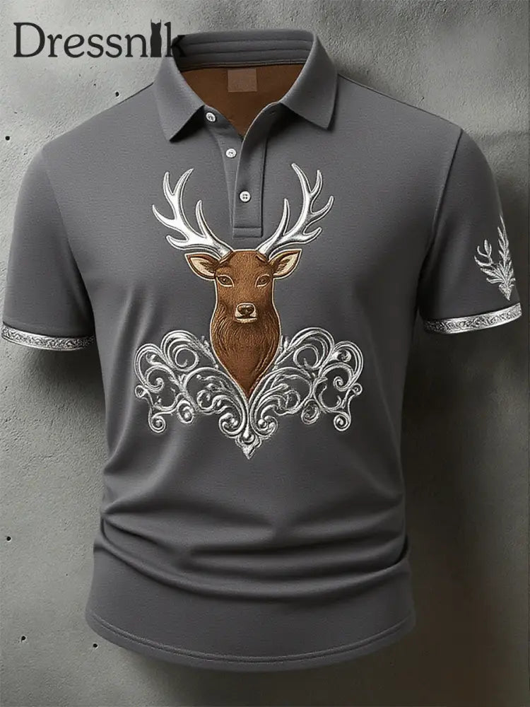 Herren Vintage Hirsch Kunstdruck Western Waffel Polo Shirt A / S