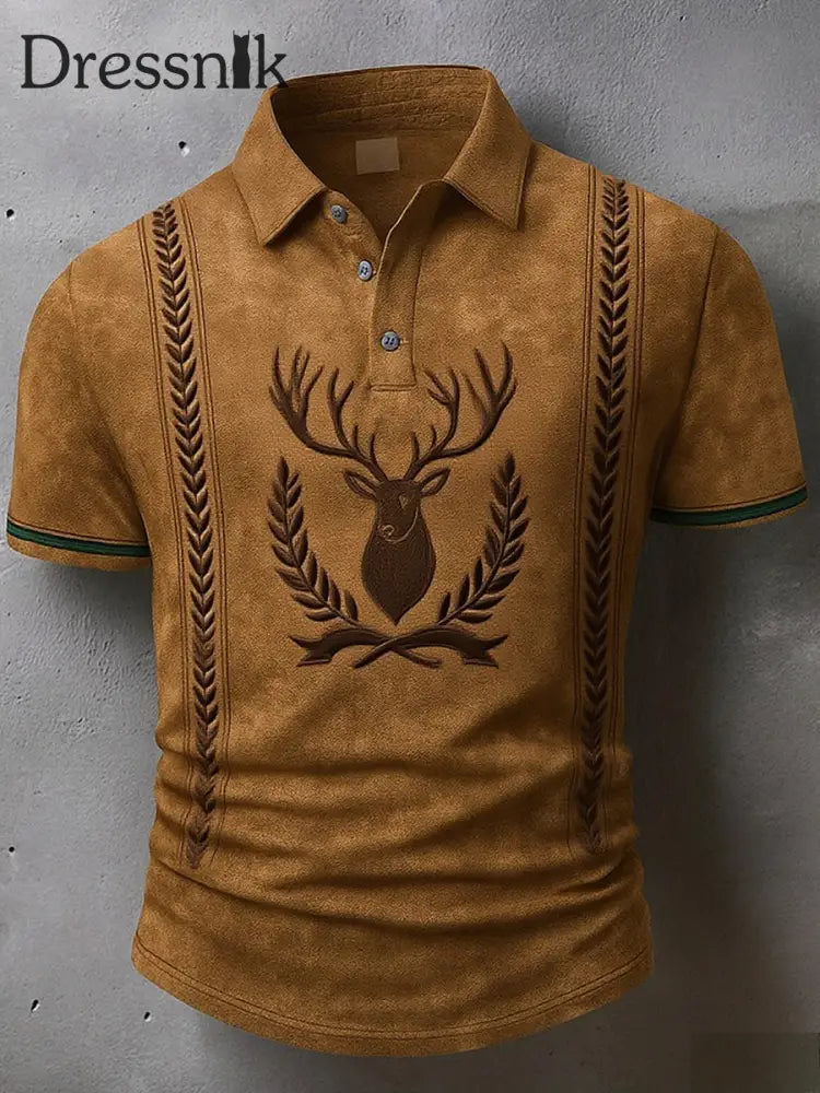Herren Vintage Hirsch Kunstdruck Western Waffel Polo Shirt A / S
