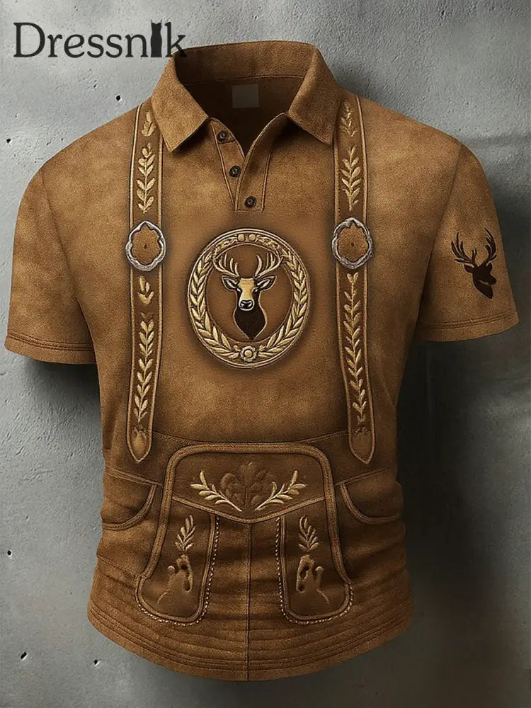 Herren Vintage Hirsch Kunstdruck Western Waffel Polo Shirt A / S