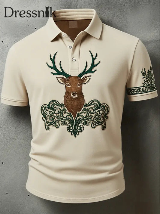 Herren Vintage Hirsch Kunstdruck Western Waffel Polo Shirt A / S