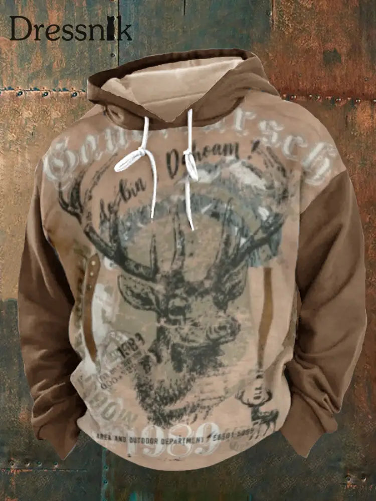 Herren Vintage Hirschjagd grafik Übergroßes Kapuzen Sweatshirt Braun / S