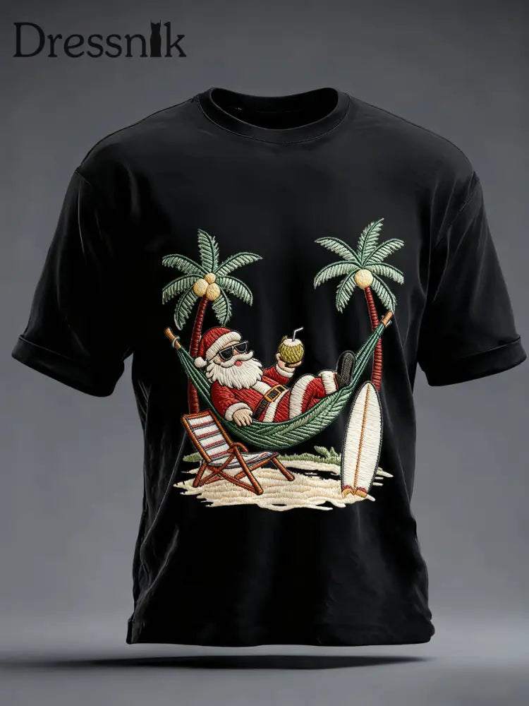 Herren Vintage Holiday Santa Claus Print Casual T-Shirt Schwarz / S