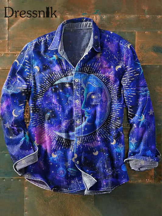 Herren Vintage Interstellar Mystic Moon Kunstdruck Revers Langarm Taschen Hemd Bunt / S