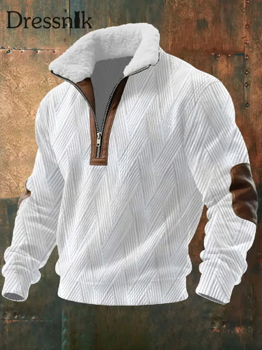 Herren Vintage Jacquard Stoff Pelz kragen Reiß verschluss Pullover Weiß / S