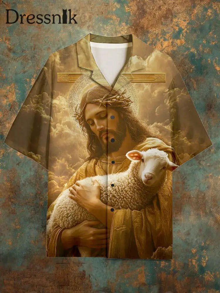 Herren Vintage Jesus Muster Kurzarm Hemd Gelb / S