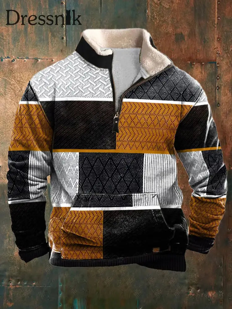 Herren Vintage Kabel muster Print Casual Pocket Pelz Kragen Reiß verschluss Hoodie als bild / S