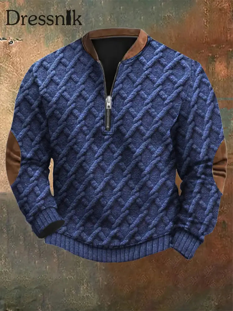 Herren Vintage Kabel muster Print Casual Reiß verschluss Sweatshirt blau / S